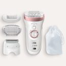 Épilateur Silk-épil 9-720 avec technologie Wet & Dry et 4 accessoires, dont une tête de rasage et une tondeuse.